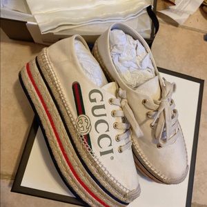 GUCCI GG WEB OFF-WHITE CANVAS PLATFORM ESPADRILLE